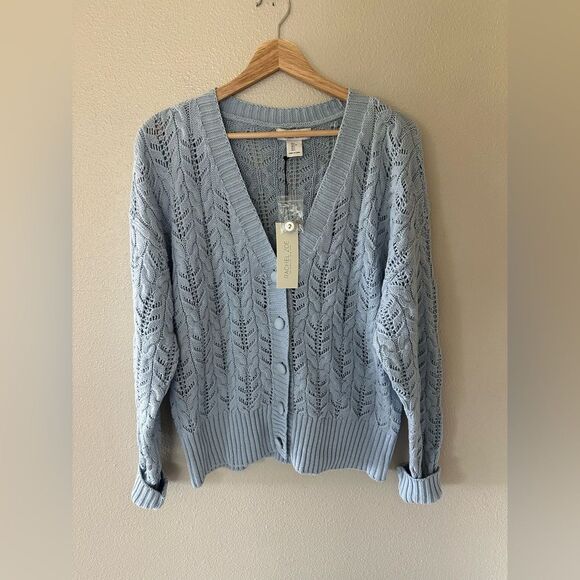 NWT Rachel Zoe Light Blue Open Knit Cardigan Sweater Soft Blue Timeless Size L - Picture 1 of 7